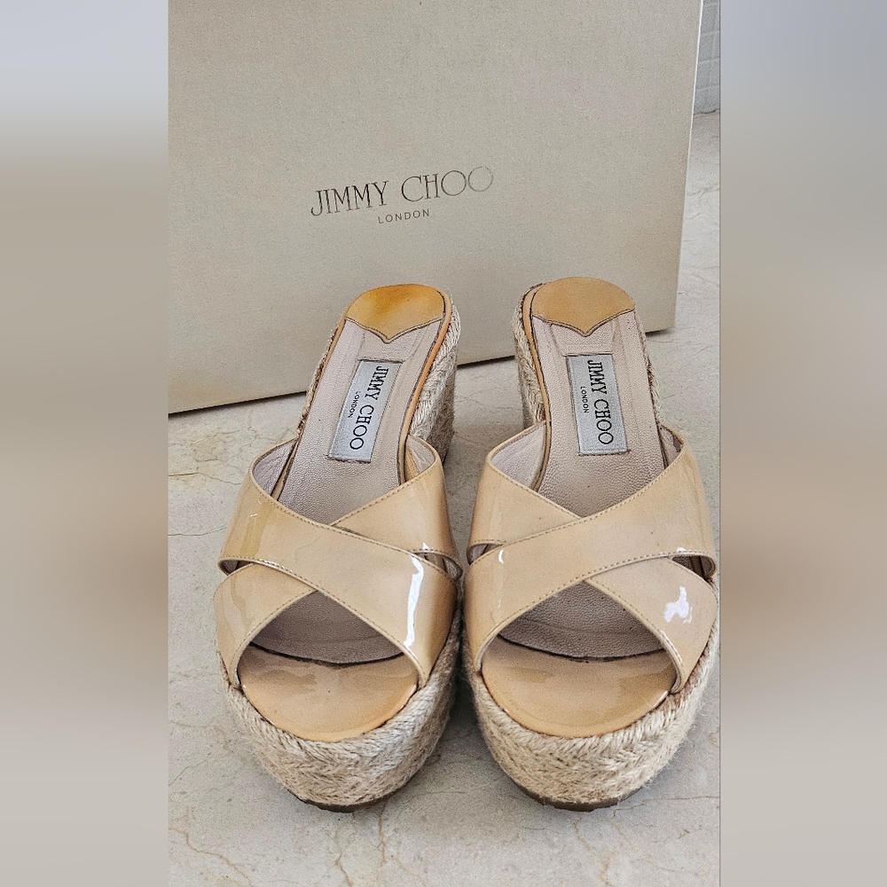 Jimmy Choo Tan Paisley Patent Leather Slides
